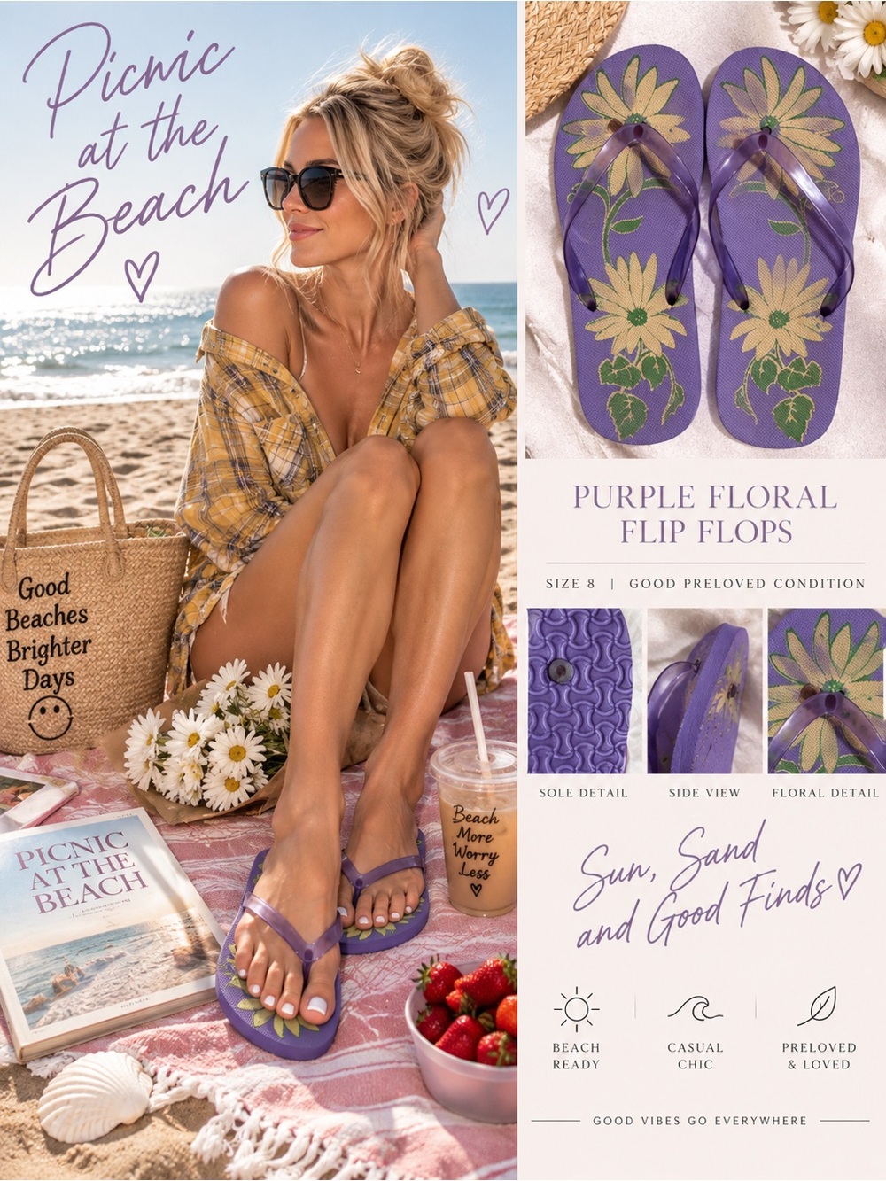 Women's Purple Floral Flip Flop Sandals